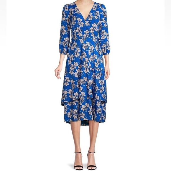 Eliza J Floral Faux-Wrap Tiered Midi Dress Blue Women's Size 18 long sleeve NWT! - Picture 1 of 13